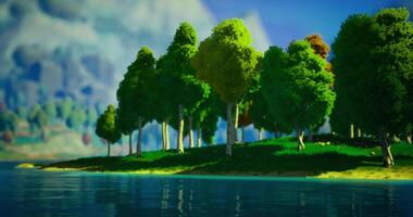 CGI Lush green forest along a serene lake under a bright blue sky video