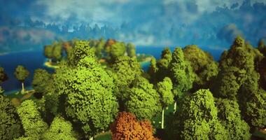 CGI Vibrant green trees surrounding a tranquil lake at a serene island location video