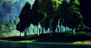 CGI Vibrant forest landscape along a serene lake during the early evening hours video