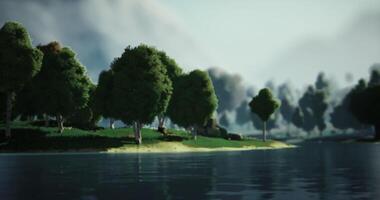 CGI Scenic view of calm waters reflecting trees under a cloudy sky video