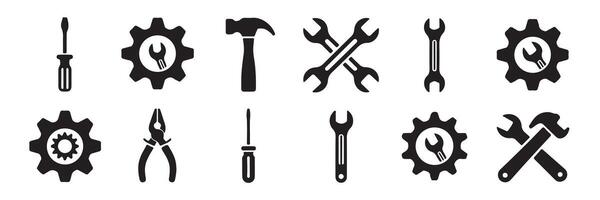 Set of monochrome tools icons for repair and maintenance purposes in engineering design vector
