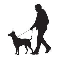 Silhouette of a person walking a dog on a leash isolated against a white background vector