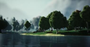 CGI Lush green trees lining a tranquil lake under a soft sky in early morning video