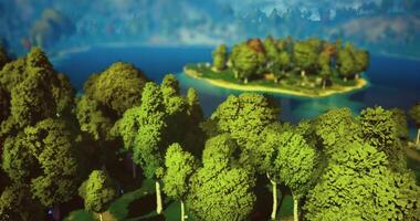 CGI Lush green trees surround calm water in a serene landscape at midday video
