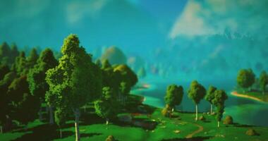 CGI Lush green trees near a serene lake under a clear blue sky at midday video