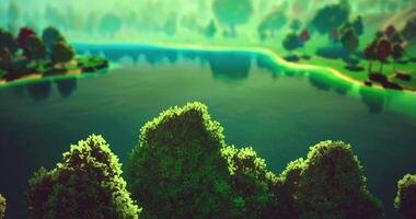 CGI Vibrant greenery frames a calm lake reflecting the colorful hues of dawn video