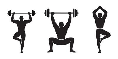 Silhouettes of weightlifting and yoga exercise poses vector