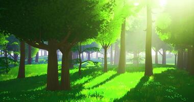 CGI Sunlight filtering through lush green trees in a vibrant forest landscape video