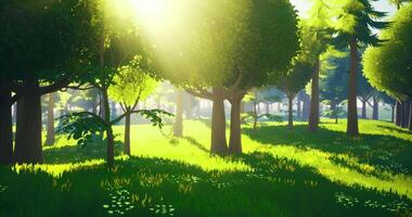CGI Bright sunlight filtering through lush trees in a vibrant green forest clearing video