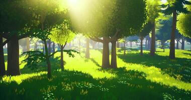 CGI Lush green forest with sunlight filtering through trees during daylight hours video