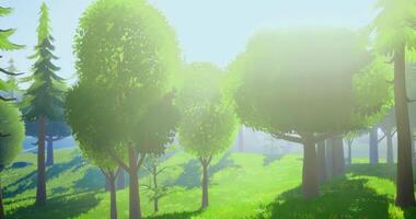 CGI Lush green forest with sunlight filtering through trees at dawn video