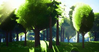 CGI Sunlight filters through lush green trees in a vibrant forest landscape video