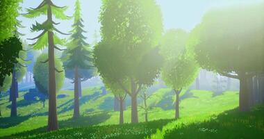CGI Stunning sunlight filters through trees in a vibrant green forest landscape video