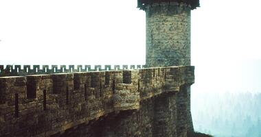 CGI Stone fortress wall with tower against misty forest backdrop video