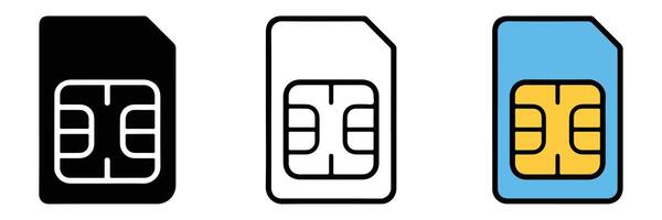 Three simple illustrations of a sim card in black white and color vector