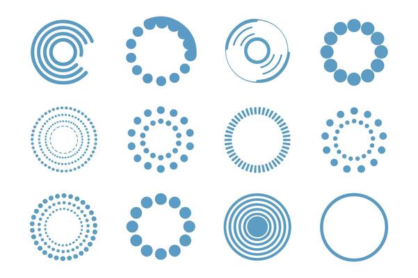 Collection of circular graphic elements and designs in blue color for various applications