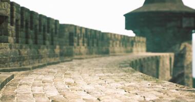 CGI Historical stone pathway leads to ancient tower in misty landscape video