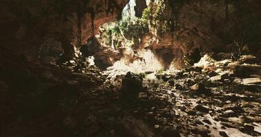 CGI Exploring a vast cave with sunlight filtering through lush greenery video
