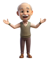 A 3D animated grandfather with a warm smile, holding out his arms for a hug. isolated on a transparent background png