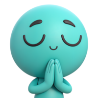3D A soft teal emoticon with its hands pressed together in front of its chest in a prayer-like gesture, eyes closed in a peaceful expression of gratitude png