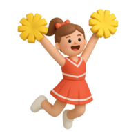 A 3D animated cheerleader mid-jump, waving pom-poms with a wide grin png