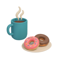 3D isometric coffee break with a steaming mug and donuts png