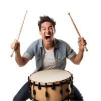 Energetic man playing air drums in a studio setting capturing passion and joy music enthusiasm dynamic scene png