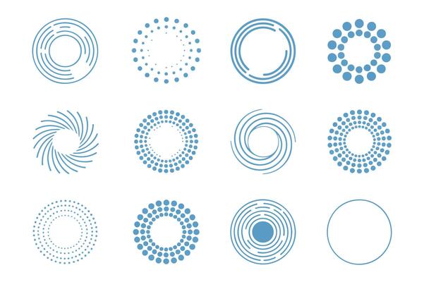 illustration of diverse blue circular design elements on a clean white background.