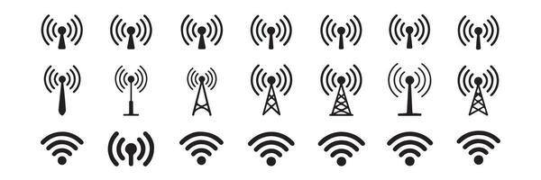 Collection of black and white wireless signal icons for internet and communication services vector