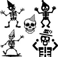 Smiling skeleton dancing with a party hat on its head in a joyful celebration mood vector