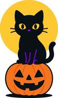 Cute black cat sitting on a glowing Halloween pumpkin under a full moon vector