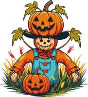 Funny pumpkin-headed scarecrow in a field for Halloween celebration vector