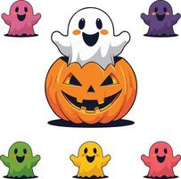 Cute ghost popping out of a jack o lantern with many colorful ghosts vector