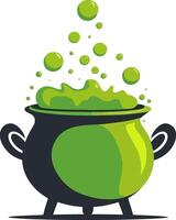 Cauldron bubbling with green magical potion and floating bubbles vector