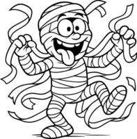 Mummy character with a goofy expression unwrapping itself with loose bandages flying around vector