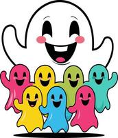 Happy ghost family illustration with a group of cute colorful smiling spirits vector