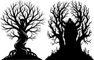 Set of ghost like spooky trees with eerie faces in a fun Halloween cartoon style vector