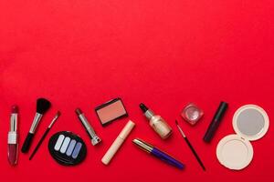 Professional makeup tools. decorative cosmetics. Makeup brushes set and color eyeshadow palette photo