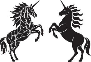 Two majestic unicorn silhouettes in elegant design silhouette vector