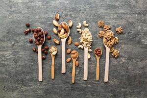 mixed nuts in white wooden spoon. Mix of various nuts on colored background. pistachios, cashews, hazelnuts, peanuts and brazil nuts photo