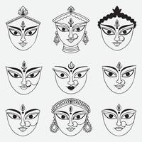 Silhouette illustrations of durga goddess faces in various styles and artistic representations vector