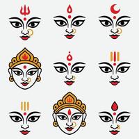 Collection of stylized illustrations representing various Hindu Goddess Durga faces and elements vector