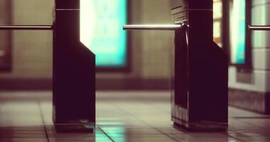 CGI Busy subway station turnstiles in urban setting during evening rush hour video
