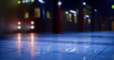 CGI Urban subway station at night with approaching train and reflective tiles video