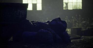 CGI Mysterious sculpture rests amid shadows in an abandoned industrial space video