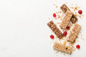 Various granola bars table background. Cereal granola bars. Superfood breakfast bars with oats, uperfood concept photo