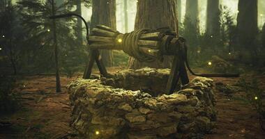 CGI Wooden well surrounded by trees and soft glowing lights in the forest video