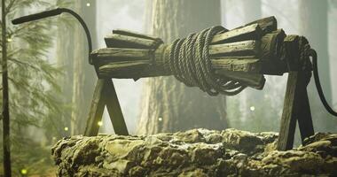 CGI Well structure surrounded by trees in a misty forest setting during daylight video
