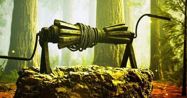 CGI Mystical well surrounded by towering trees in an enchanted forest setting video