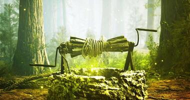 CGI Mysterious enchanted well surrounded by lush forest at dusk video